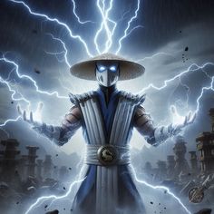 a man in a hat with his hands out and lightning behind him