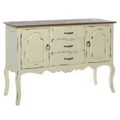 an antique white sideboard with drawers and wood top, on display against a white background