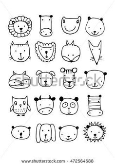 hand drawn doodle animal faces set in black and white, on a white background