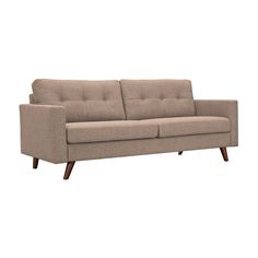 a tan couch with wooden legs on a white background