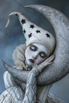 a woman wearing a white hat and dress with stars on it's head is holding her hands to her face