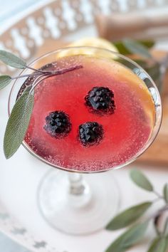 a close up of a drink in a glass with berries on the rim and green leaves