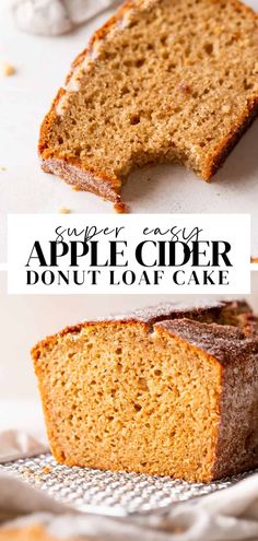 two slices of apple cider donut loaf cake on a cooling rack