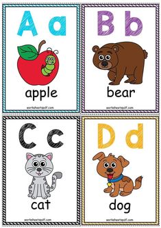 four different alphabets with pictures of animals, letters and numbers to match the letter's