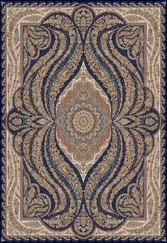 an intricately designed carpet with blue, red and beige colors