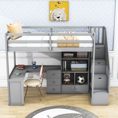 a loft bed with desk underneath it in a child's bedroom or playroom