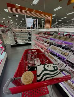 a shopping cart in a store filled with items