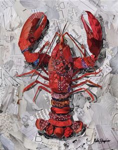 a collage of red lobsters on white paper