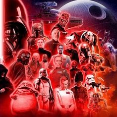 star wars characters collaged together in red and black colors with the image of darth vader