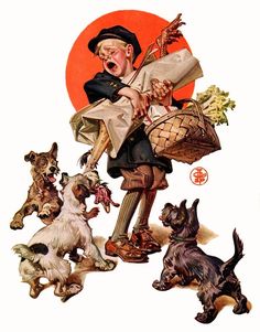 an old man with many dogs around him and holding something in his hand while wearing a hat