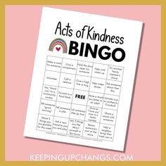 the acts of kindness bingo game is shown on top of a pink and yellow background