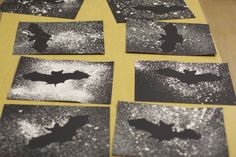 six black and white photos of bats in the night sky, with stars on them