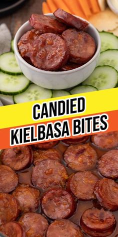 there is a bowl full of kielbasa bites next to cucumbers and carrots