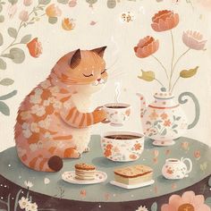 a painting of a cat sitting at a table with tea and cookies on it, drinking from a cup