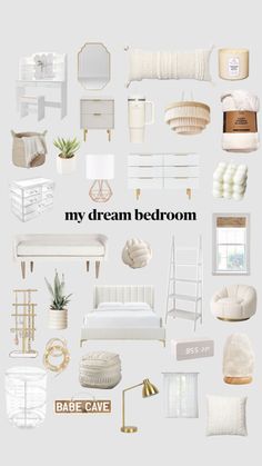 a collage of white furniture and accessories with the words my dream bedroom above it