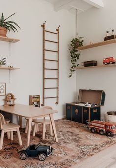 a child's playroom with toys, bookshelves and ladders on the wall