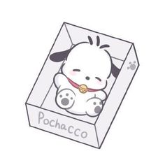 a cartoon dog in a box with the word pochaco on it's chest