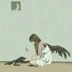 a woman sitting on the ground next to a bird