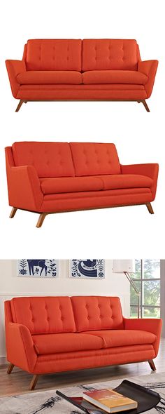 an orange couch and loveseat sitting next to each other