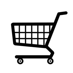 a black and white silhouette of a shopping cart or trolley with wheels on an isolated background