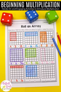 a roll on array game with dices and pencils next to it that says beginning multiplication hands - on and engaging activities in introduce