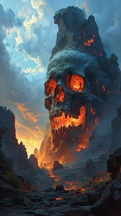 a giant skull with glowing eyes in the middle of a rocky landscape at sunset or sunrise