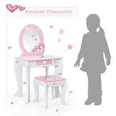 With the clear mirror, this kids vanity table and stool set with cute patterns is a fun and functional addition to your child's bedroom or play area. And you can remove the top if your kids need to concentrate on drawing or writing. After finishing make up or study, there is a practical drawer which comes with ample space to store items to keep the tabletop tidy and clean. Considering your kids' safety, this high quality vanity set is equipped with round edge design and anti-toppling device. In Dressing Table And Chair, Kids Vanity Set, Ergonomic Stool, Girls Vanity, Mirror Drawers, Makeup Dressing Table, Clear Mirror, Dressing Table With Chair, Kids Safety