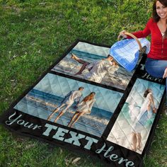 a woman sitting on the grass with her personalized blanket