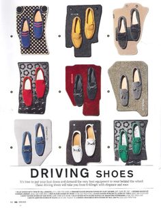 an advertisement for driving shoes with different colors and designs on it's front page