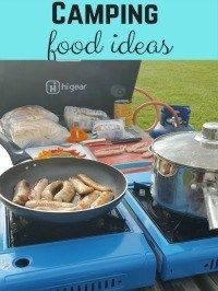 camping food is being prepared on the stove with text overlay that says camping food ideas