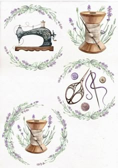 four different types of sewing tools and their names are depicted in this illustration with lavenders around them