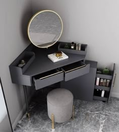 a vanity with a mirror, stool and other items on the floor in a bathroom