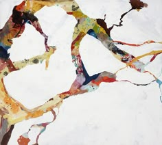 an abstract painting with different colors and shapes on white paper that has been altered to look like tree branches