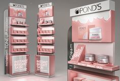 the display is pink and white for beauty products