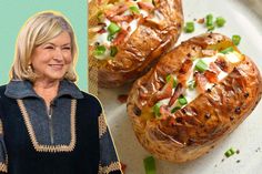 a woman standing next to baked potatoes on a white plate with green onions and cheese