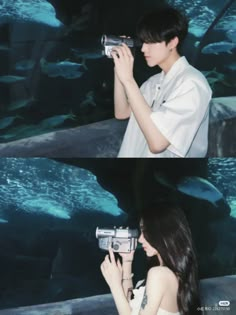 two photos of a man and woman taking pictures in front of an aquarium