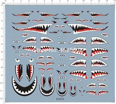 the shark's teeth are shown in red, white and black on a blue background