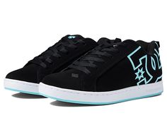 DC Court Graffik W - Women's Skate Shoes : Black/Blue 1 : A modern classic, the DC Court Graffik W casual shoes deliver with a clean silhouette and bold logo detail. Casual sneakers with heavy-duty suede, sturdy action nubuck, or soft and resilient action leather upper for abrasion-resistance and durability. Foam-padded tongue and collar for added comfort and support. Textile lining offers breathability. Internal elastic tongue holders for added foot stability. Rubber cupsole with iconic pill pa Dc Court Graffik, Dc Sneakers, Dc Shoes Women, Adidas Superstar Black, Women Skates, Skater Shoes, Rainbow Shoes, Funky Shoes, Shoe Wishlist