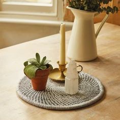 a small potted plant sitting on top of a table next to a candle holder