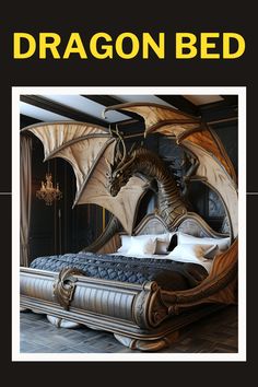 a bed with a dragon head on it and the words dragon bed written in yellow