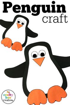 penguin craft with two penguins on it and the words penguin craft written in black ink