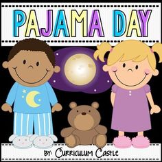 the children are standing next to each other in front of a sign that says, pajama day