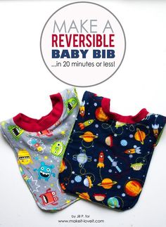 two baby bibs with space print on them and the words, make it easy in 20 minutes or less