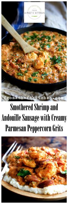 shrimp and tomato sauce with creamy parmesan pepperoni grits in a skillet