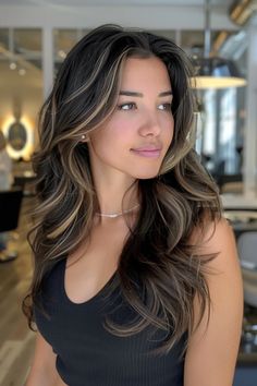 Dark Brown Streaks On Black Hair, Black Long Hair With Highlights, Black Hair Highlights Ideas Asian, Black Brown Highlights, Highlights Black Hair Asian, Balayage Hair Asian Black, Partial Highlights For Black Hair Asian, Dark Balayage Black, Subtle Balyage