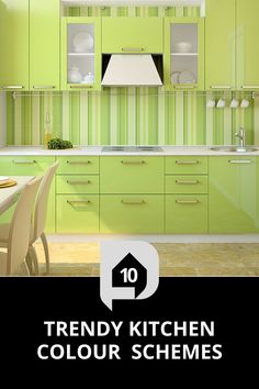 a kitchen with green cabinets and white chairs