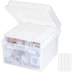 a plastic storage box filled with lots of things