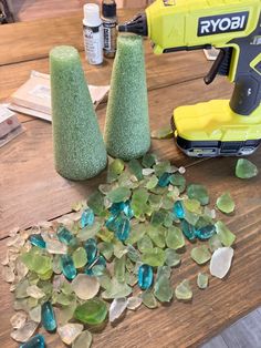 Supplies for DIY Christmas Craft with sea glass. Diy Glass Gems Crafts, Driftwood Sea Glass Art, How To Make Sea Glass Tree, Driftwood With Plants, How To Make A Seaglass Christmas Tree, Sea Glass Trees Diy, Gifts Diy Unique Craft Ideas, Sea Glass Wreath Diy, Seaglass Tree Diy