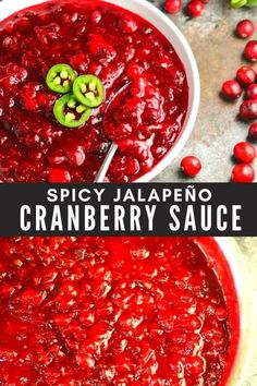 cranberry sauce in a white bowl with the words spicy jalapeno cranberry sauce