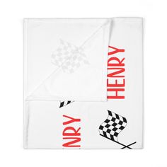 two towels with the words indy and checkered flags in red, white and black